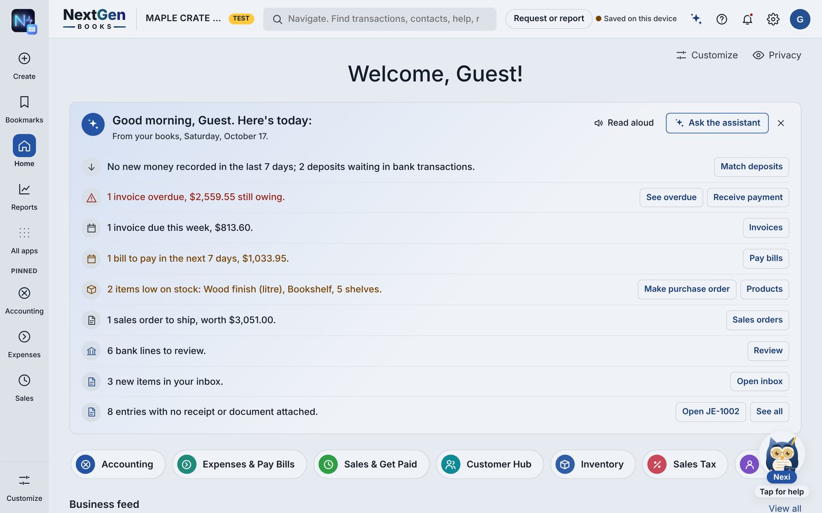 NextGen Books home page: a morning briefing of overdue invoices, bills to pay, low stock and bank lines to review